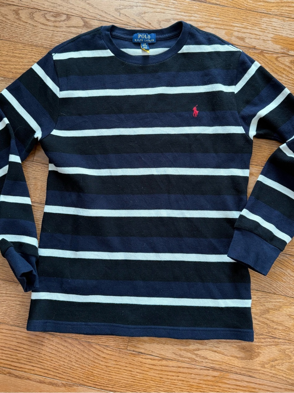 Polo Ralph Lauren Thermal Shirt Boys Navy  Blue Striped Waffle Knit L ( 14/16 )